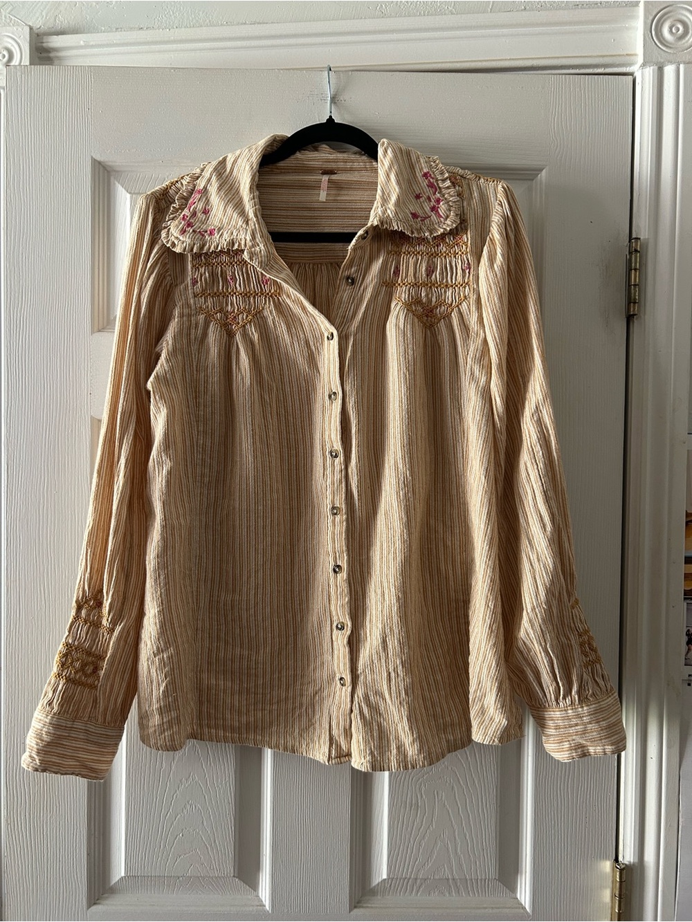 Free People Cream Striped Embroidered Button-Down Shirt